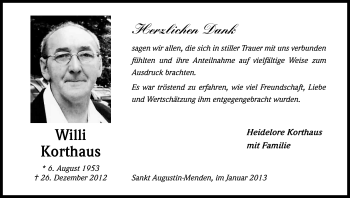 Anzeige von Willi Korthaus von Kölner Stadt-Anzeiger / Kölnische Rundschau / Express