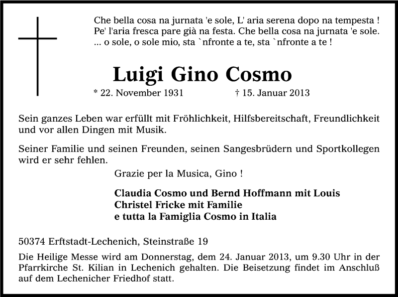  Traueranzeige für Luigi Gino Cosmo vom 19.01.2013 aus Kölner Stadt-Anzeiger / Kölnische Rundschau / Express