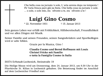 Anzeige von Luigi Gino Cosmo von Kölner Stadt-Anzeiger / Kölnische Rundschau / Express