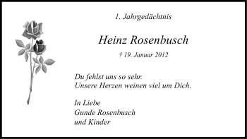 Anzeige von Heinz Rosenbusch von Kölner Stadt-Anzeiger / Kölnische Rundschau / Express