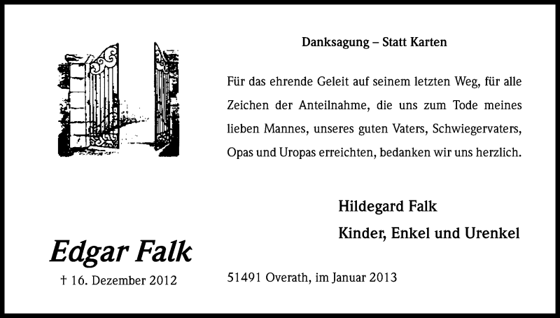  Traueranzeige für Edgar Falk vom 19.01.2013 aus Kölner Stadt-Anzeiger / Kölnische Rundschau / Express