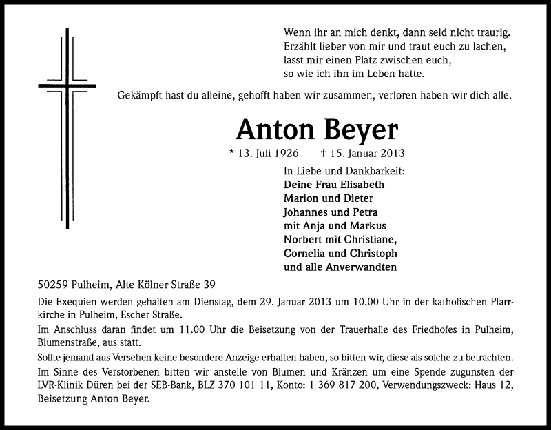  Traueranzeige für Anton Beyer vom 19.01.2013 aus Kölner Stadt-Anzeiger / Kölnische Rundschau / Express