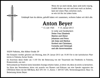 Anzeige von Anton Beyer von Kölner Stadt-Anzeiger / Kölnische Rundschau / Express