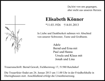 Anzeige von Elisabeth Könner von Kölner Stadt-Anzeiger / Kölnische Rundschau / Express