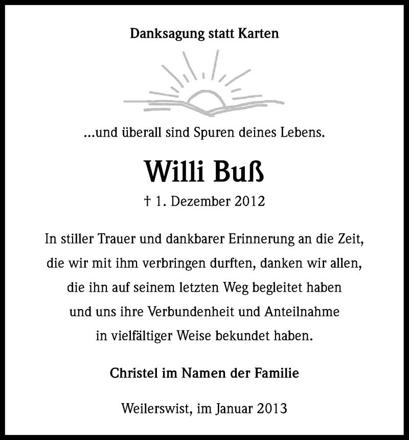  Traueranzeige für Willi Buß vom 22.01.2013 aus Kölner Stadt-Anzeiger / Kölnische Rundschau / Express