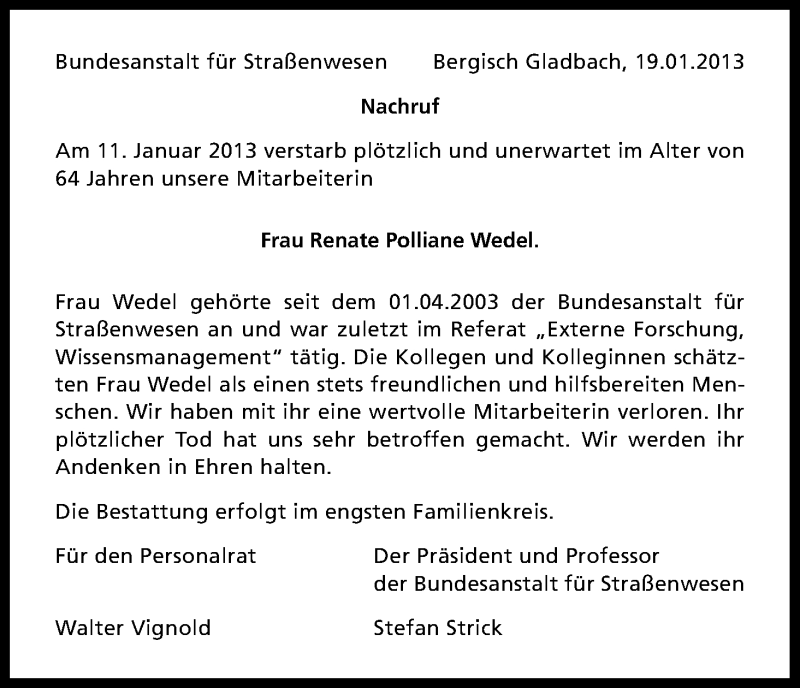  Traueranzeige für Renate Polliane Wedel vom 19.01.2013 aus Kölner Stadt-Anzeiger / Kölnische Rundschau / Express