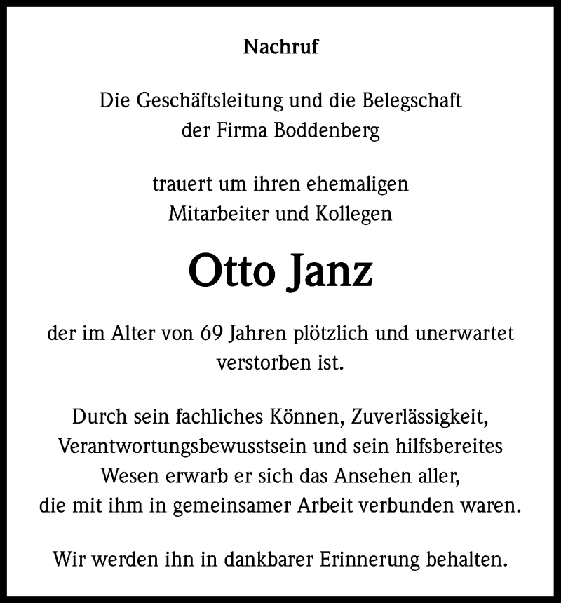  Traueranzeige für Otto Janz vom 19.01.2013 aus Kölner Stadt-Anzeiger / Kölnische Rundschau / Express