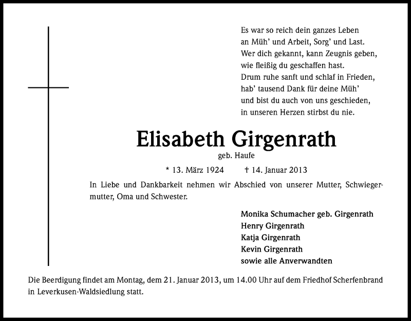 Traueranzeige für Elisabeth Girgenrath vom 19.01.2013 aus Kölner Stadt-Anzeiger / Kölnische Rundschau / Express