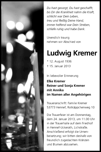 Anzeige von Ludwig Kremer von Kölner Stadt-Anzeiger / Kölnische Rundschau / Express