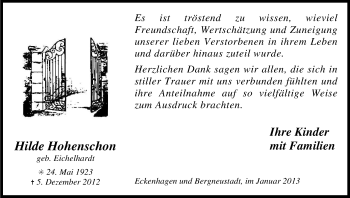 Anzeige von Hilde Hohenschon von Kölner Stadt-Anzeiger / Kölnische Rundschau / Express