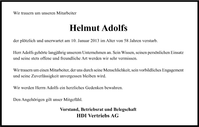  Traueranzeige für Helmut Adolfs vom 23.01.2013 aus Kölner Stadt-Anzeiger / Kölnische Rundschau / Express