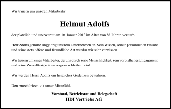 Anzeige von Helmut Adolfs von Kölner Stadt-Anzeiger / Kölnische Rundschau / Express