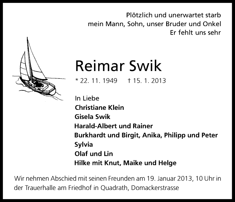 Traueranzeige für Reimar Swik vom 19.01.2013 aus Kölner Stadt-Anzeiger / Kölnische Rundschau / Express
