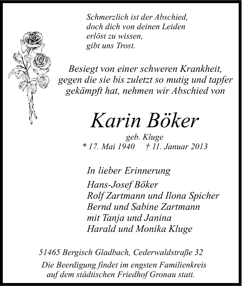  Traueranzeige für Karin Böker vom 19.01.2013 aus Kölner Stadt-Anzeiger / Kölnische Rundschau / Express