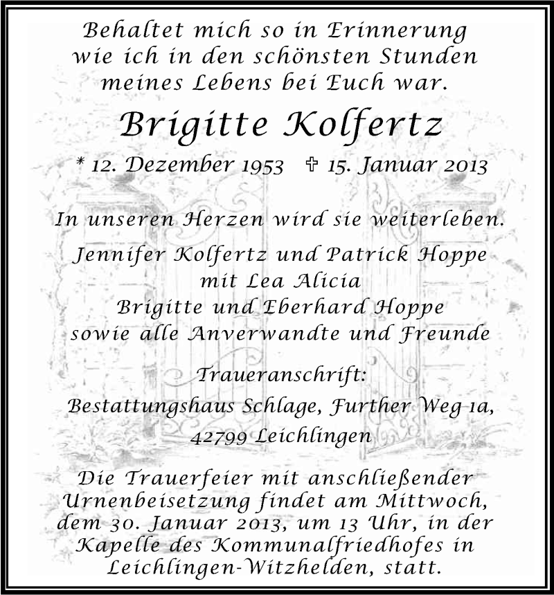  Traueranzeige für Brigitte Kolfertz vom 19.01.2013 aus Kölner Stadt-Anzeiger / Kölnische Rundschau / Express