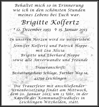 Anzeige von Brigitte Kolfertz von Kölner Stadt-Anzeiger / Kölnische Rundschau / Express