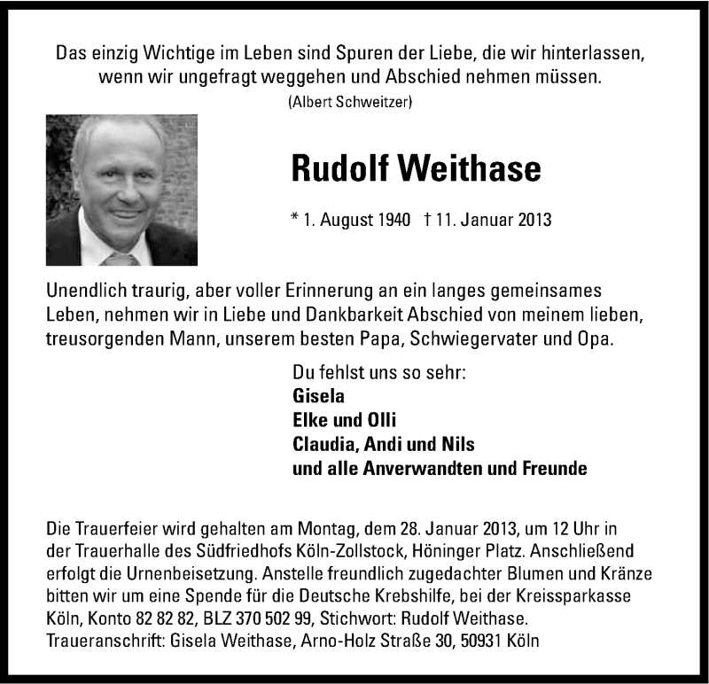  Traueranzeige für Rudolf Weithase vom 19.01.2013 aus Kölner Stadt-Anzeiger / Kölnische Rundschau / Express