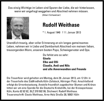 Anzeige von Rudolf Weithase von Kölner Stadt-Anzeiger / Kölnische Rundschau / Express