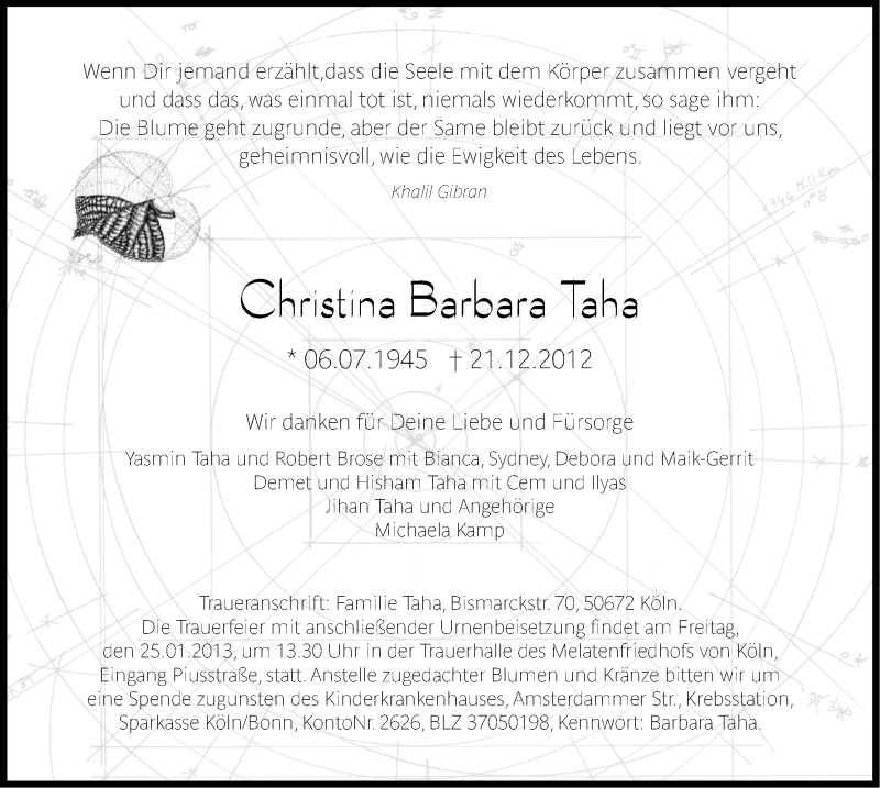  Traueranzeige für Christina Barbara Taha vom 19.01.2013 aus Kölner Stadt-Anzeiger / Kölnische Rundschau / Express