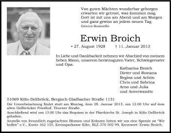 Anzeige von Erwin Broich von Kölner Stadt-Anzeiger / Kölnische Rundschau / Express