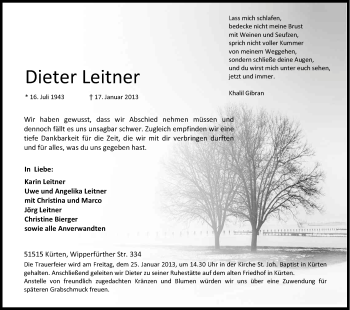Anzeige von Dieter Leitner von Kölner Stadt-Anzeiger / Kölnische Rundschau / Express