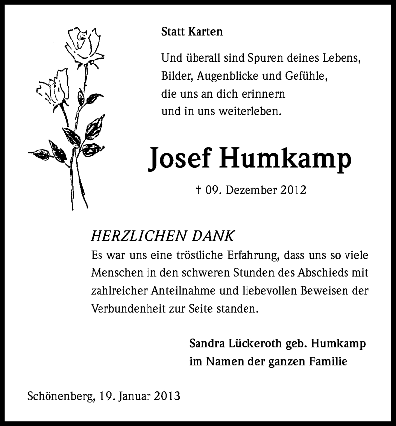  Traueranzeige für Josef Humkamp vom 19.01.2013 aus Kölner Stadt-Anzeiger / Kölnische Rundschau / Express