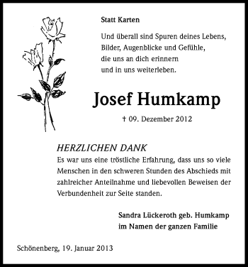 Anzeige von Josef Humkamp von Kölner Stadt-Anzeiger / Kölnische Rundschau / Express
