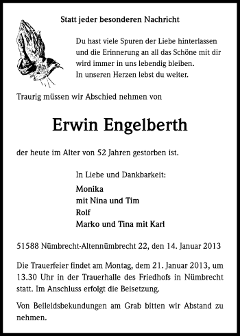 Anzeige von Erwin Engelberth von Kölner Stadt-Anzeiger / Kölnische Rundschau / Express