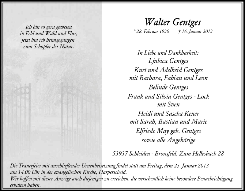  Traueranzeige für Walter Gentges vom 19.01.2013 aus Kölner Stadt-Anzeiger / Kölnische Rundschau / Express