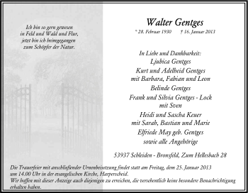 Anzeige von Walter Gentges von Kölner Stadt-Anzeiger / Kölnische Rundschau / Express