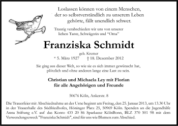 Anzeige von Franziska Schmidt von Kölner Stadt-Anzeiger / Kölnische Rundschau / Express