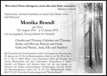 Anzeige von Monika Brandl von Kölner Stadt-Anzeiger / Kölnische Rundschau / Express