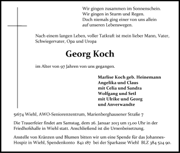 Anzeige von Georg Koch von Kölner Stadt-Anzeiger / Kölnische Rundschau / Express
