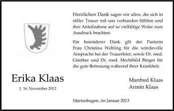 Anzeige von Erika Klaas von Kölner Stadt-Anzeiger / Kölnische Rundschau / Express