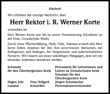 Anzeige von Werner Korte von Kölner Stadt-Anzeiger / Kölnische Rundschau / Express