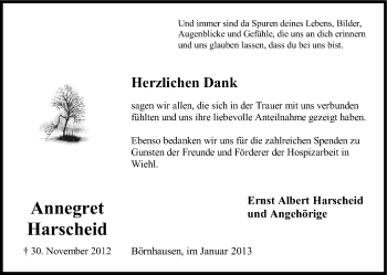 Anzeige von Annegret Harscheid von Kölner Stadt-Anzeiger / Kölnische Rundschau / Express
