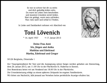 Anzeige von Toni Lövenich von Kölner Stadt-Anzeiger / Kölnische Rundschau / Express