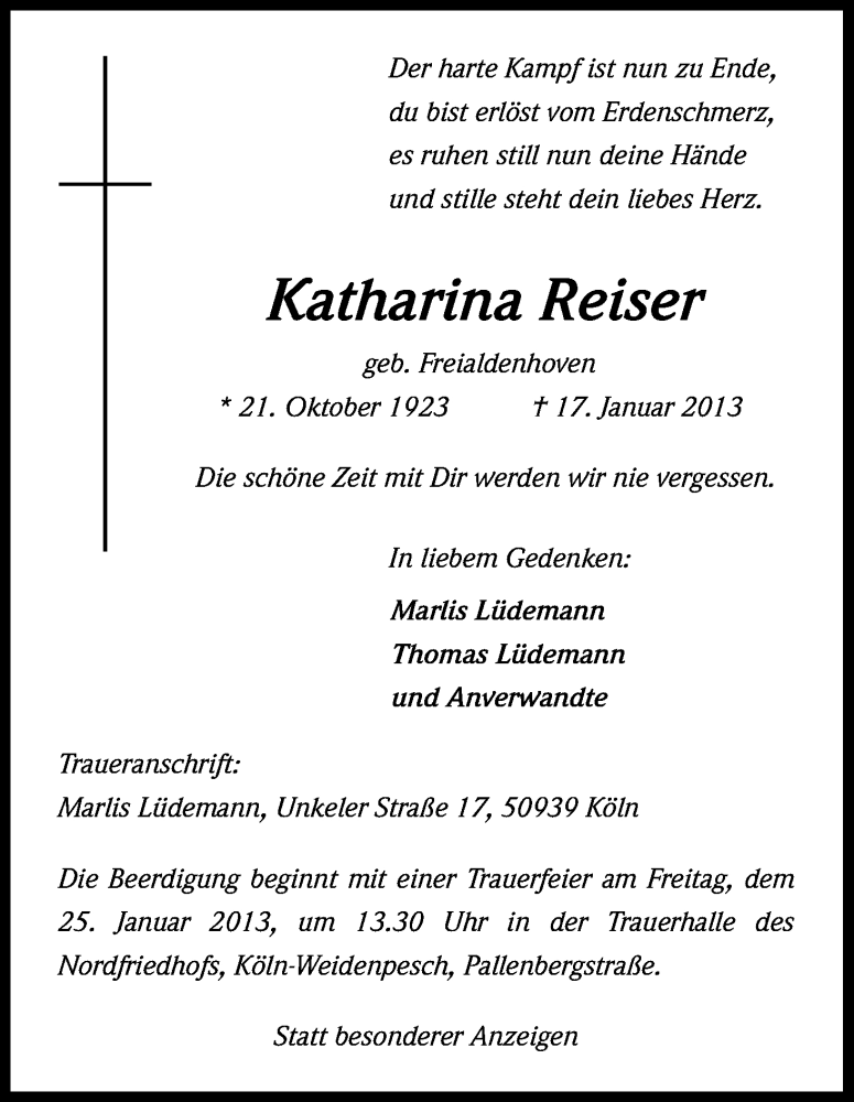  Traueranzeige für Katharina Reiser vom 19.01.2013 aus Kölner Stadt-Anzeiger / Kölnische Rundschau / Express