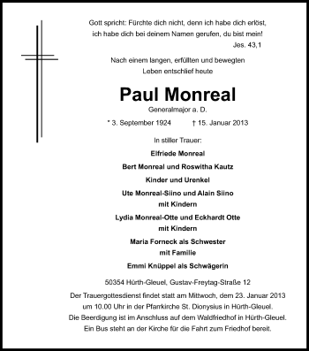 Anzeige von Paul Monreal von Kölner Stadt-Anzeiger / Kölnische Rundschau / Express