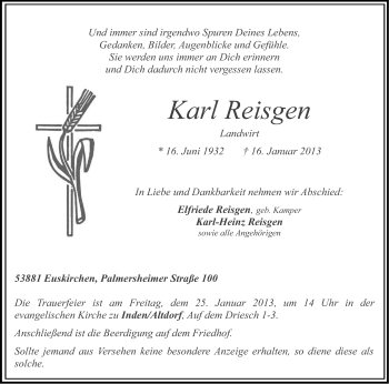 Anzeige von Karl Reisgen von Kölner Stadt-Anzeiger / Kölnische Rundschau / Express
