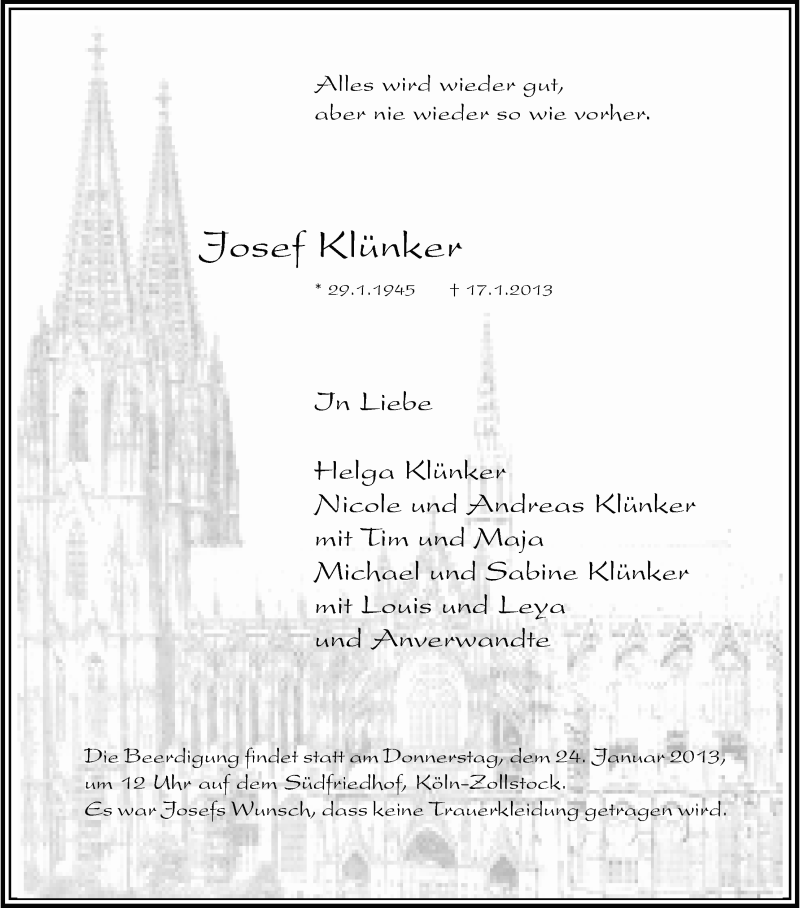  Traueranzeige für Josef Klünker vom 22.01.2013 aus Kölner Stadt-Anzeiger / Kölnische Rundschau / Express