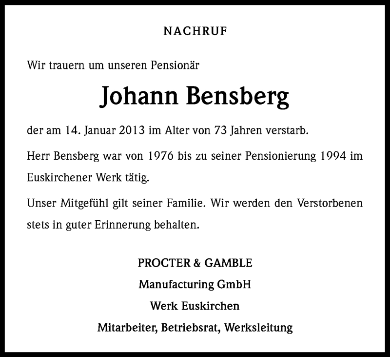  Traueranzeige für Johann Bensberg vom 21.01.2013 aus Kölner Stadt-Anzeiger / Kölnische Rundschau / Express