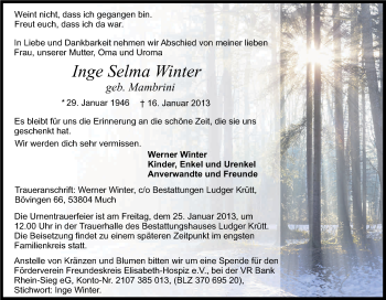 Anzeige von Inge Winter von Kölner Stadt-Anzeiger / Kölnische Rundschau / Express