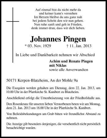 Anzeige von Johannes Pingen von Kölner Stadt-Anzeiger / Kölnische Rundschau / Express