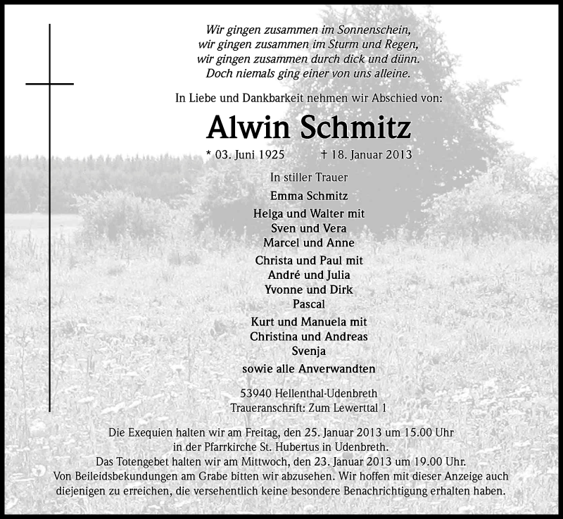  Traueranzeige für Alwin Schmitz vom 22.01.2013 aus Kölner Stadt-Anzeiger / Kölnische Rundschau / Express