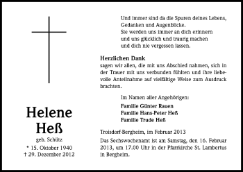 Anzeige von Helene Heß von Kölner Stadt-Anzeiger / Kölnische Rundschau / Express