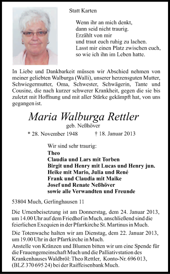 Anzeige von Maria Walburga Rettler von Kölner Stadt-Anzeiger / Kölnische Rundschau / Express