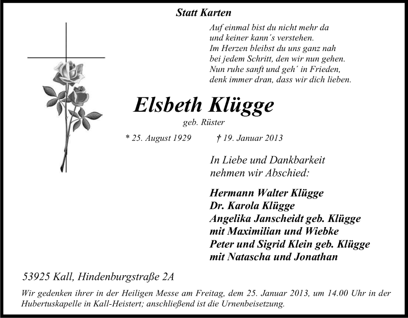  Traueranzeige für Elsbeth Klügge vom 23.01.2013 aus Kölner Stadt-Anzeiger / Kölnische Rundschau / Express