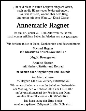 Anzeige von Annemarie Hagner von Kölner Stadt-Anzeiger / Kölnische Rundschau / Express