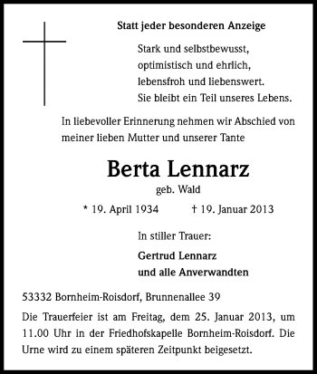 Anzeige von Berta Lennarz von Kölner Stadt-Anzeiger / Kölnische Rundschau / Express
